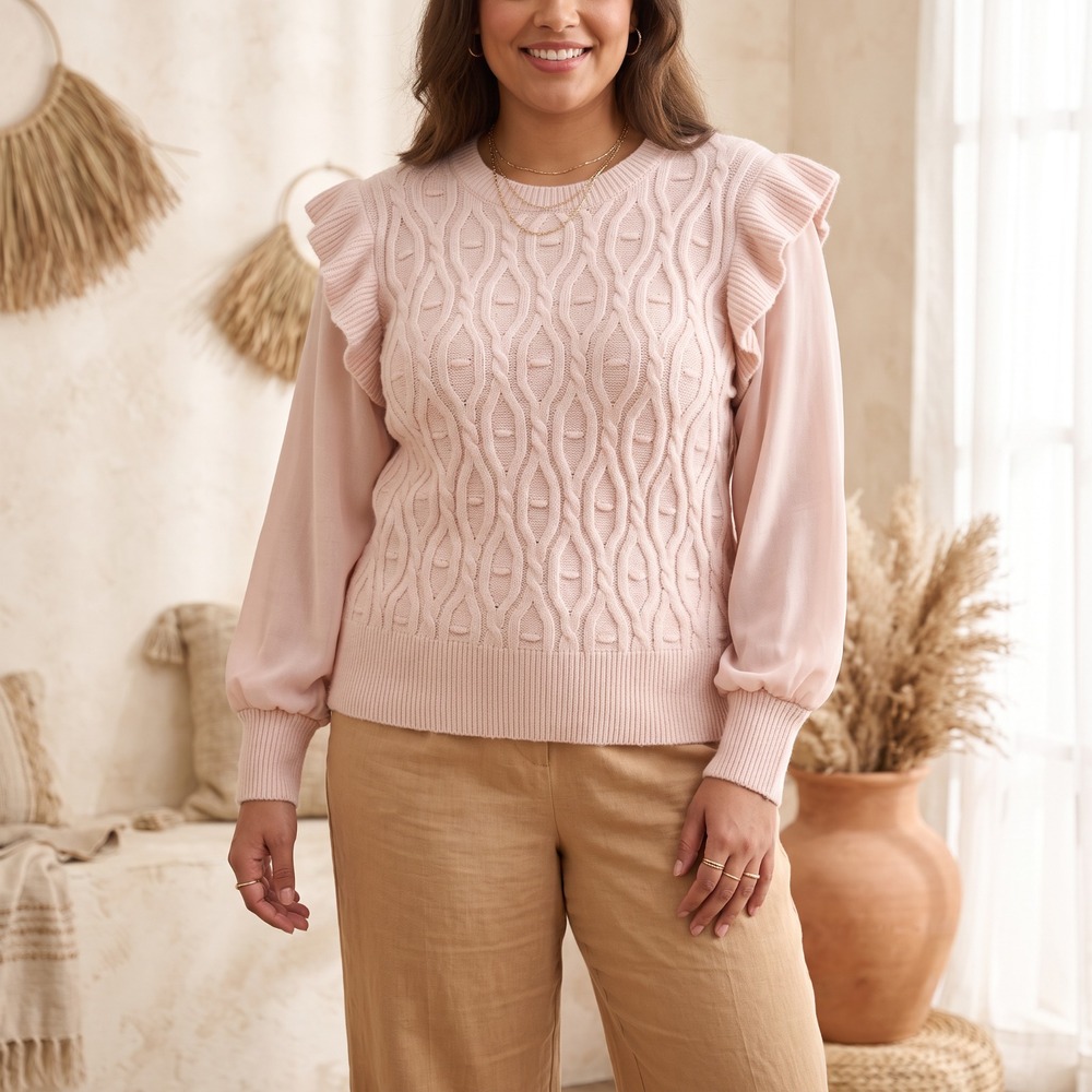 Design 365 Pink Mixed Media Sweater Ruffle Cable Knit Sheer Sleeve Coquette 1X
